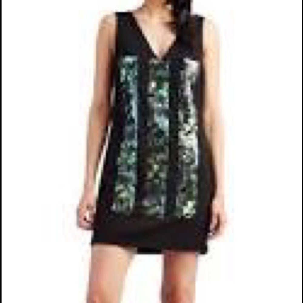 Vera Wang Black Iridescent Green Sequined V-Neck Shift Dress 6